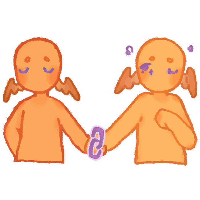  A drawing of a orange person and a yellow person holding hands. there is a purple link symbol covering where their hands connect.